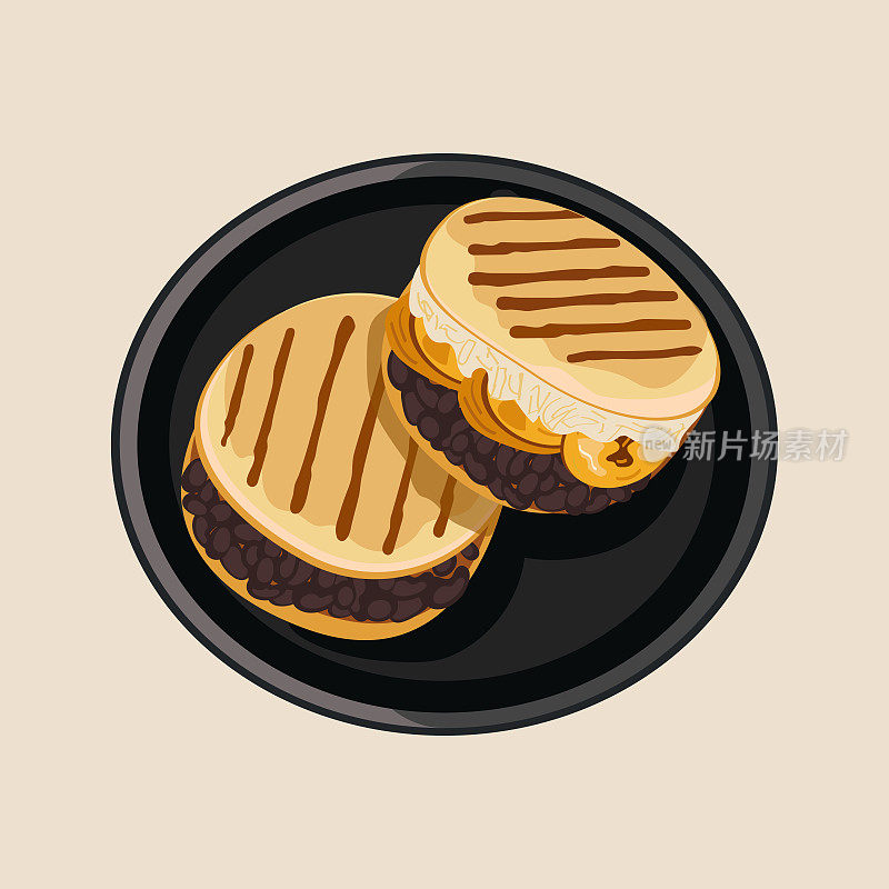 Arepas Pabellón. Traditional Colombian cuisine. Arepas with black beans, fried plantains, and white cheeses. Vector food illustration. Latin American food on a black plate. White isolated background.
